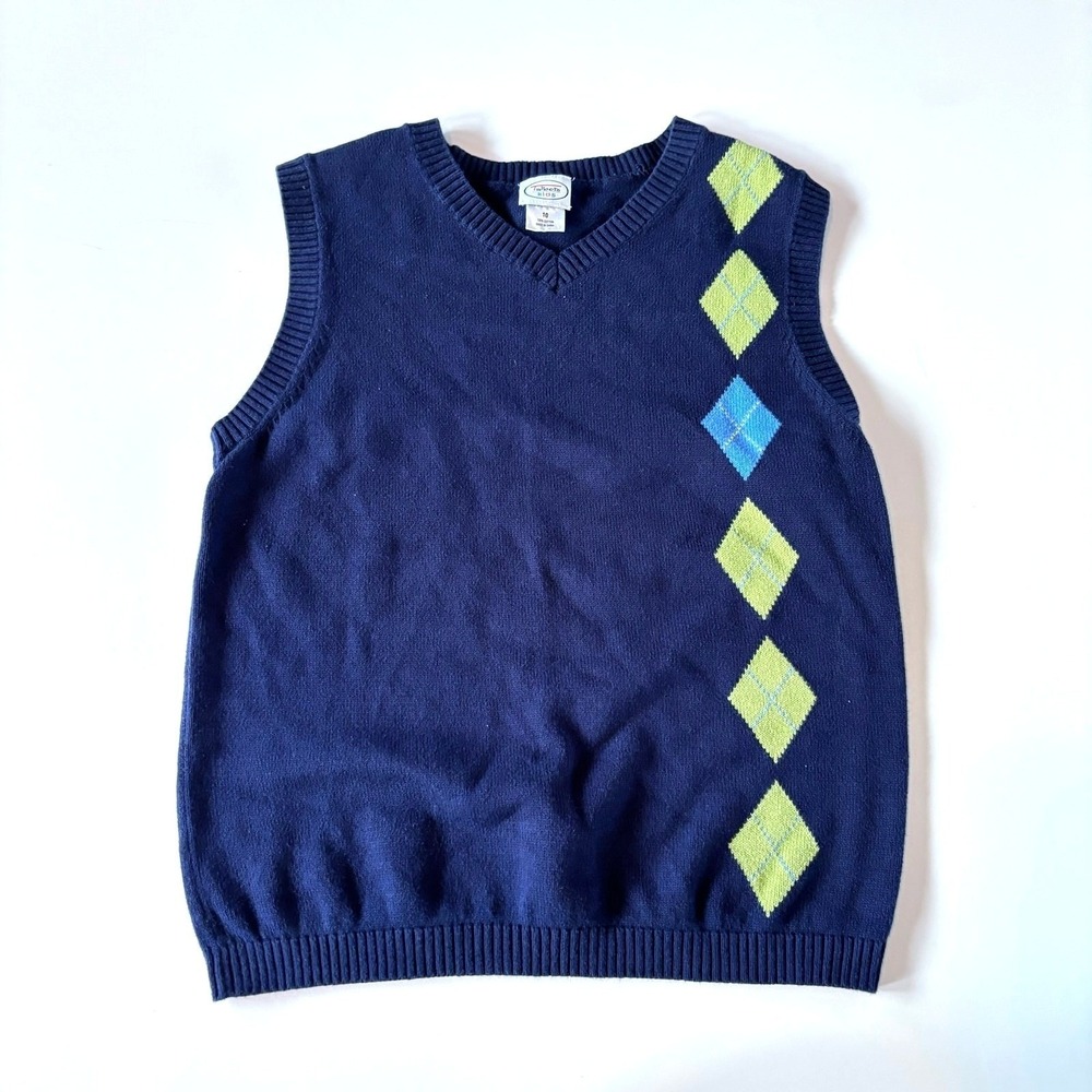 Talbots Kids Sweater Vest Boys Size 10 Navy‎ Blue Argyle N Neck Preppy